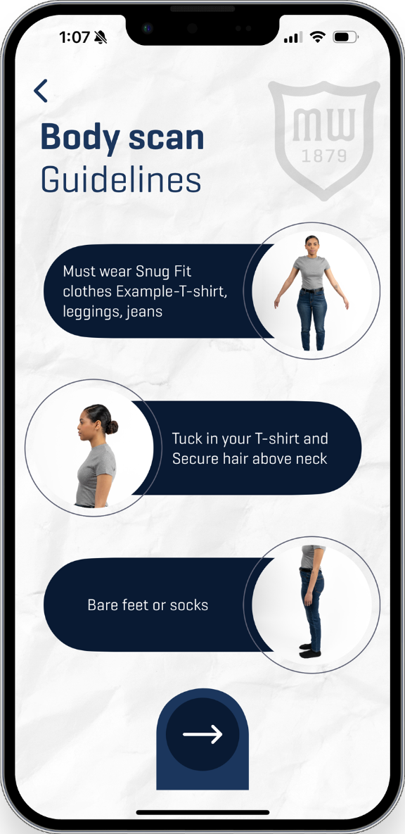 A phone with the Body scan guidelines: Must wear Snug Fit clothes Example-T-shirt, leggings, jeans. Tuck in your T-shirt and Secure hair above neck. Bare feet or socks.